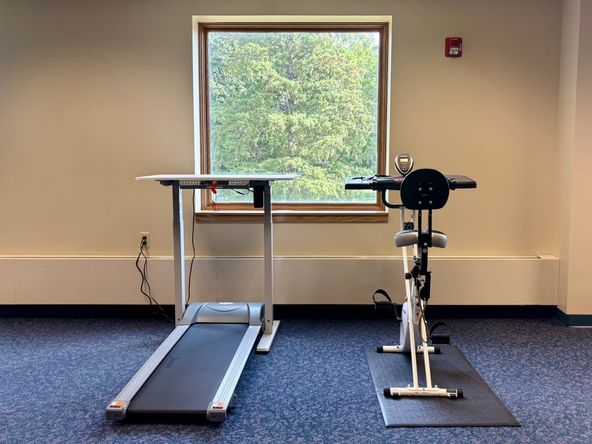 One of three new walking desks in Vogel Library second floor.