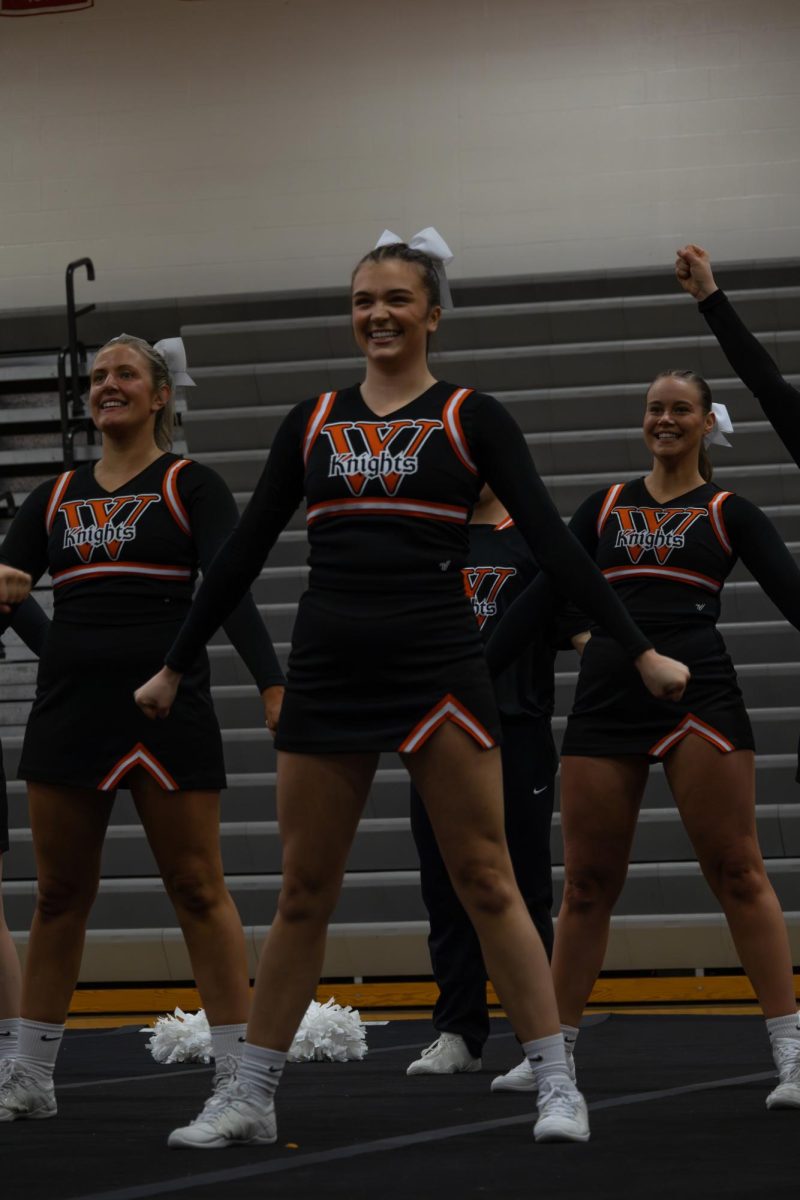 Wartburg Cheer team members performing their game day routine. 