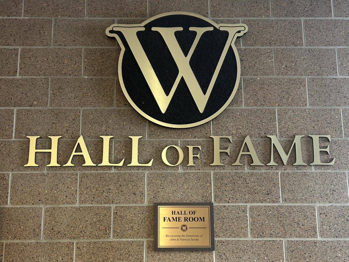 The Hall of Fame sign near the entrance of the Wartburg Athletic Hall of Fame in The W.