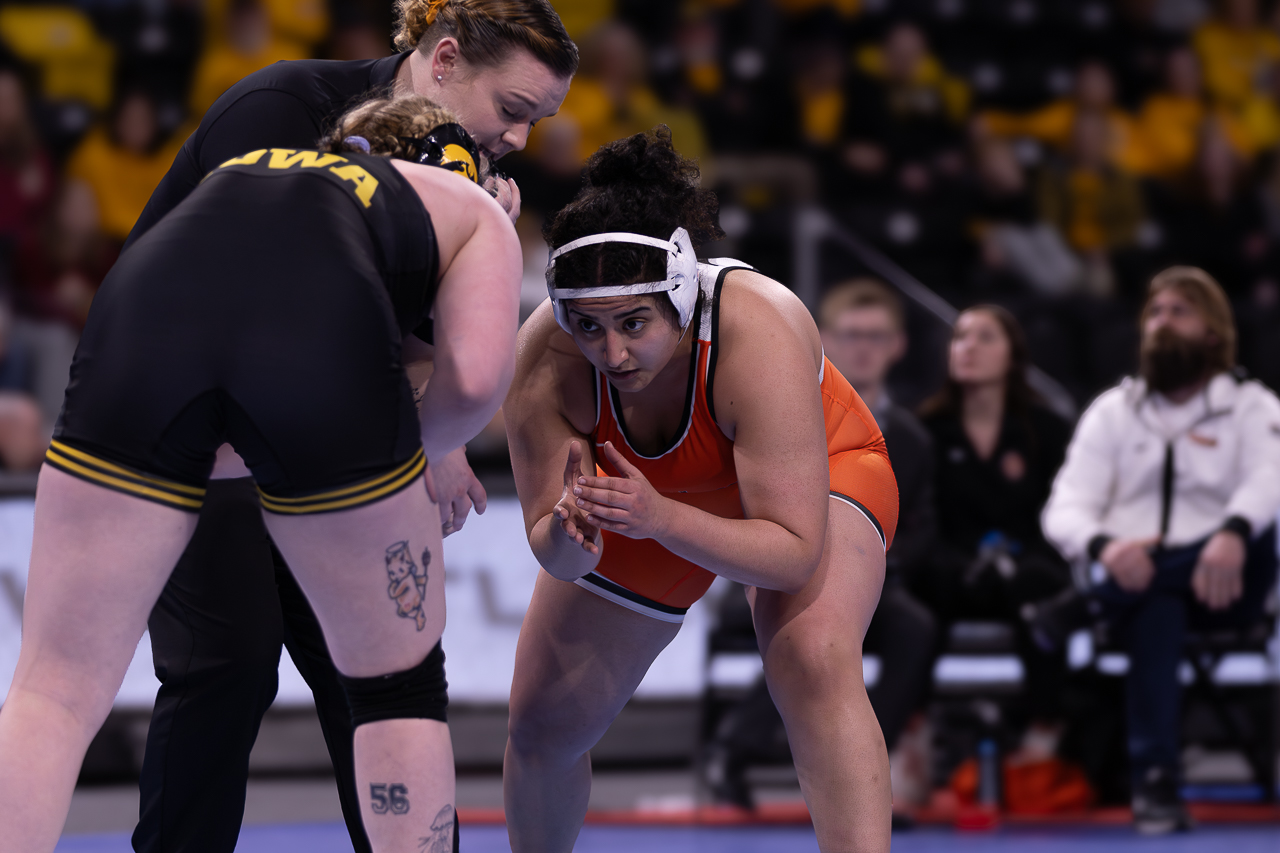 Senior Rewa Chababo gets ready to wrestle Katja Osteen in her final match of the tournament. 