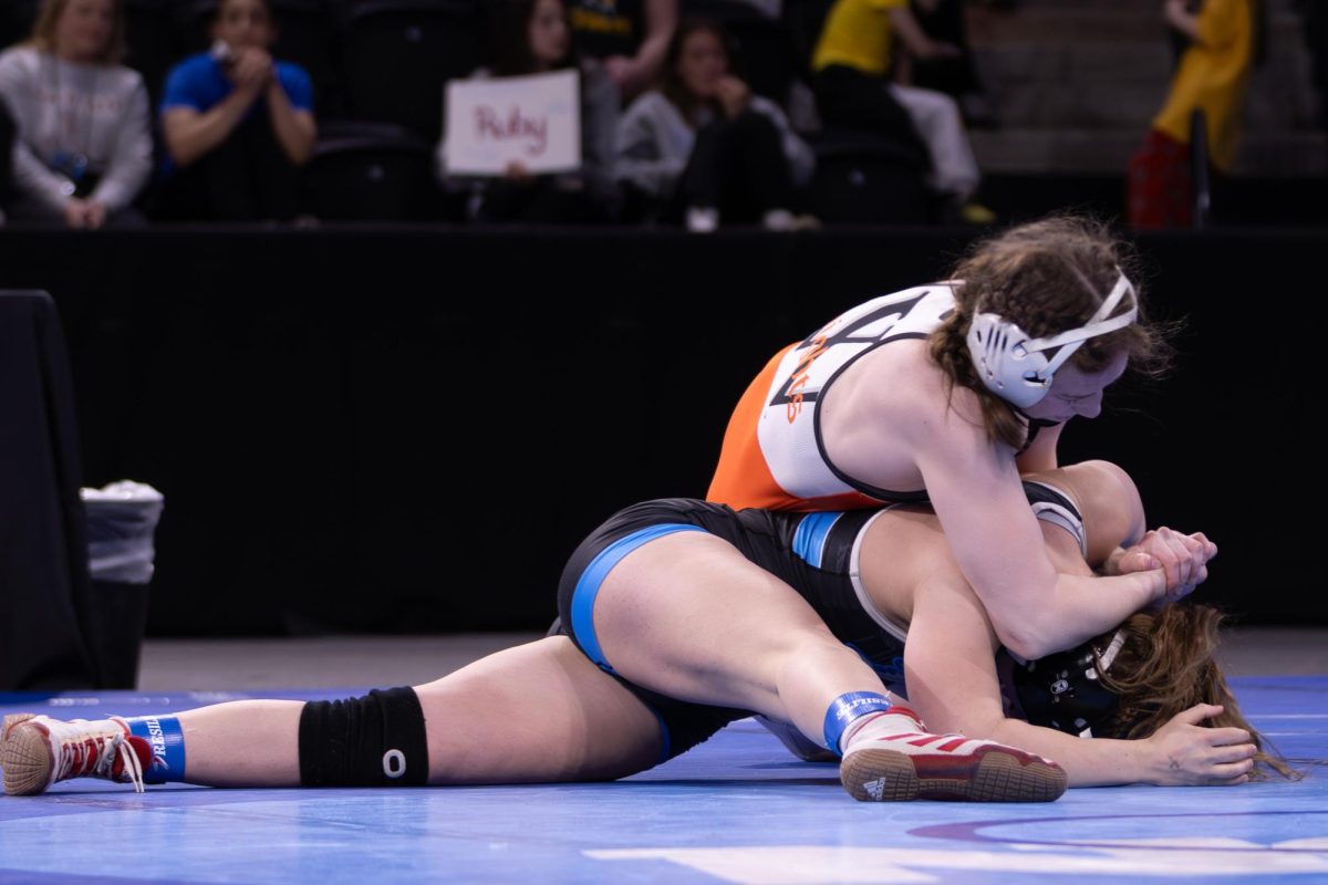 Kylie Rule wrestles Ruby Julien-Newsom of King University during her first match of day two. 