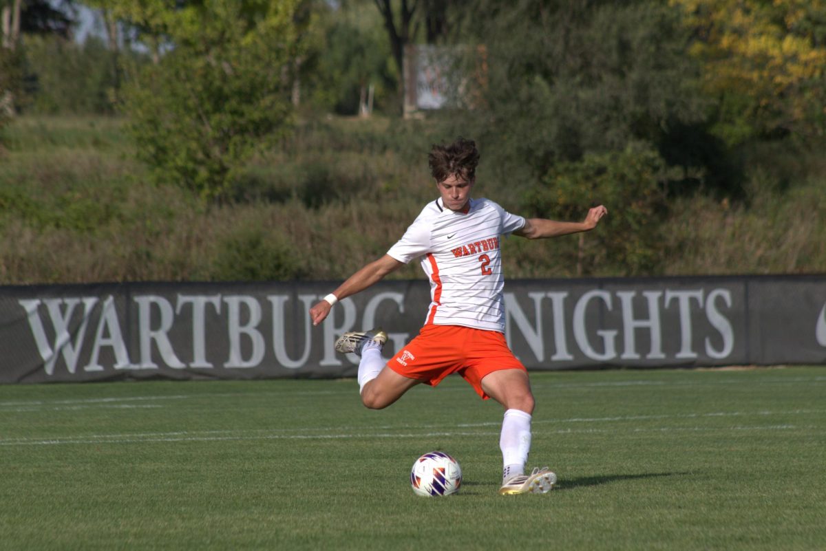 Blake Whitlow delivers on a free kick, sending the ball downfield with power to create an opportunity for the Knights.